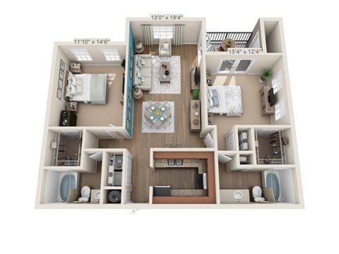 Floor plan for 2 beds, 2 baths, 1158 sqft